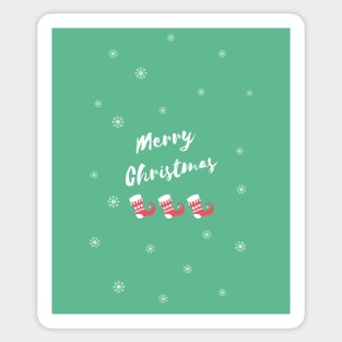 Merry Christmas Elf Shoes and Snowflakes on green Background Sticker